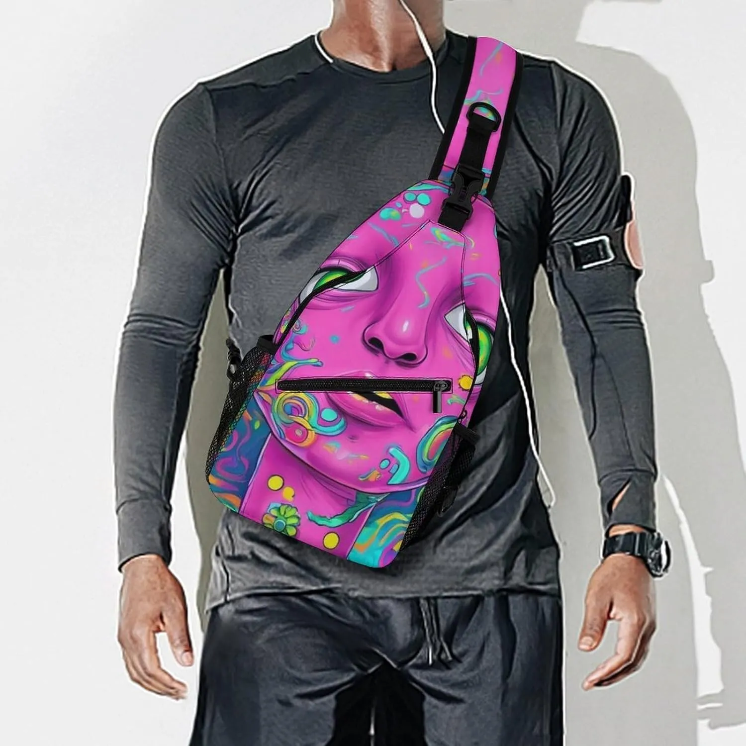 Casual Crossbody Bag for Women, Large Capacity Sling Chest Bag Trippy Face Colors Art Gym Shoulder Daypack for Hiking Travel Sport