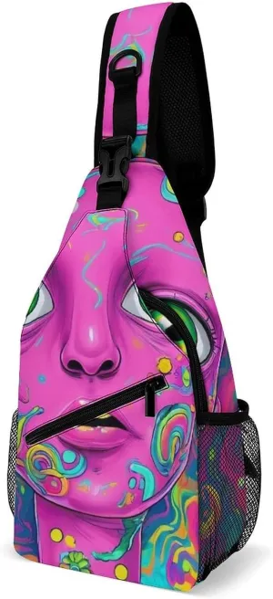 Casual Crossbody Bag for Women, Large Capacity Sling Chest Bag Trippy Face Colors Art Gym Shoulder Daypack for Hiking Travel Sport