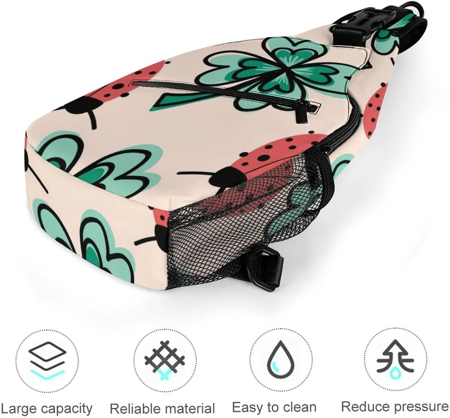 Casual Sling Backpack, Backpacking, for Clover Leaves And Ladybugs Pink Shoulder Chest Crossbody Bag, Camera Case, Ipad Casual Carrying Tote Case Crossbody Travel Bag for Men Women