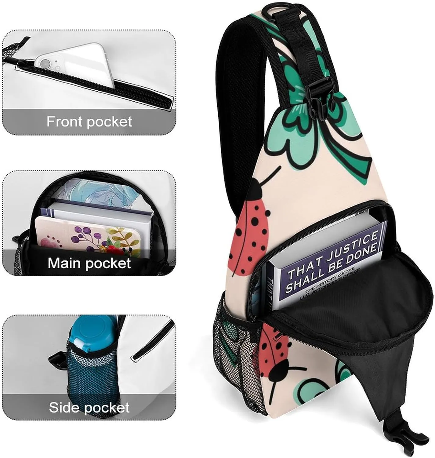 Casual Sling Backpack, Backpacking, for Clover Leaves And Ladybugs Pink Shoulder Chest Crossbody Bag, Camera Case, Ipad Casual Carrying Tote Case Crossbody Travel Bag for Men Women