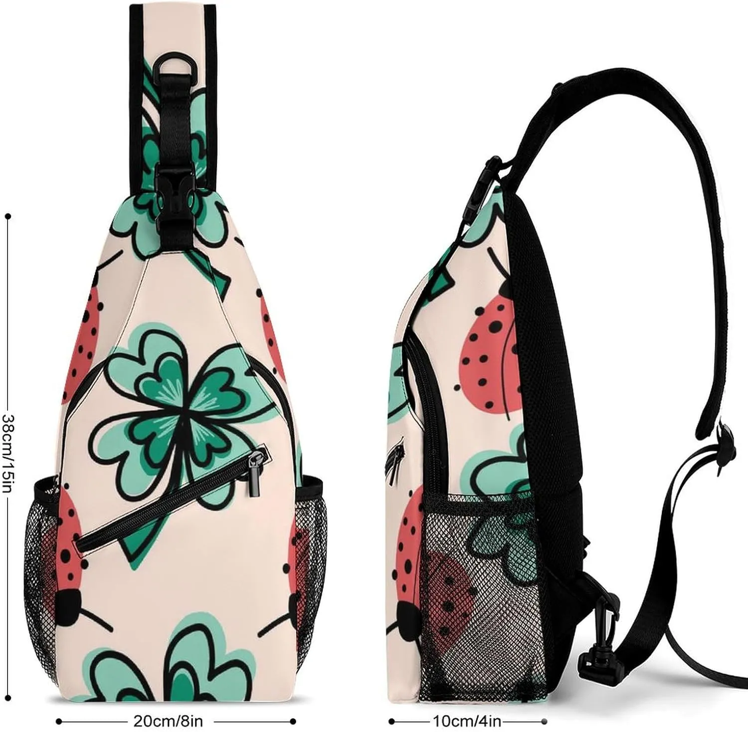 Casual Sling Backpack, Backpacking, for Clover Leaves And Ladybugs Pink Shoulder Chest Crossbody Bag, Camera Case, Ipad Casual Carrying Tote Case Crossbody Travel Bag for Men Women