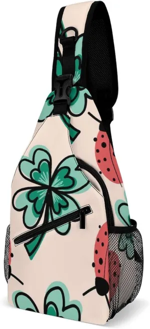 Casual Sling Backpack, Backpacking, for Clover Leaves And Ladybugs Pink Shoulder Chest Crossbody Bag, Camera Case, Ipad Casual Carrying Tote Case Crossbody Travel Bag for Men Women