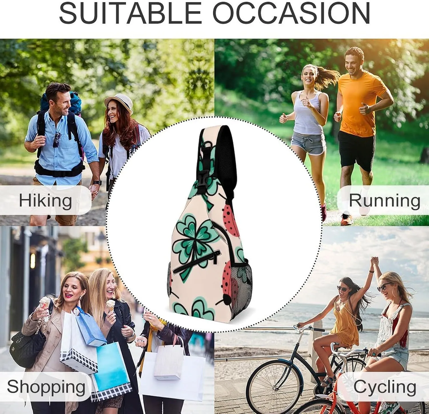 Casual Sling Backpack, Backpacking, for Clover Leaves And Ladybugs Pink Shoulder Chest Crossbody Bag, Camera Case, Ipad Casual Carrying Tote Case Crossbody Travel Bag for Men Women