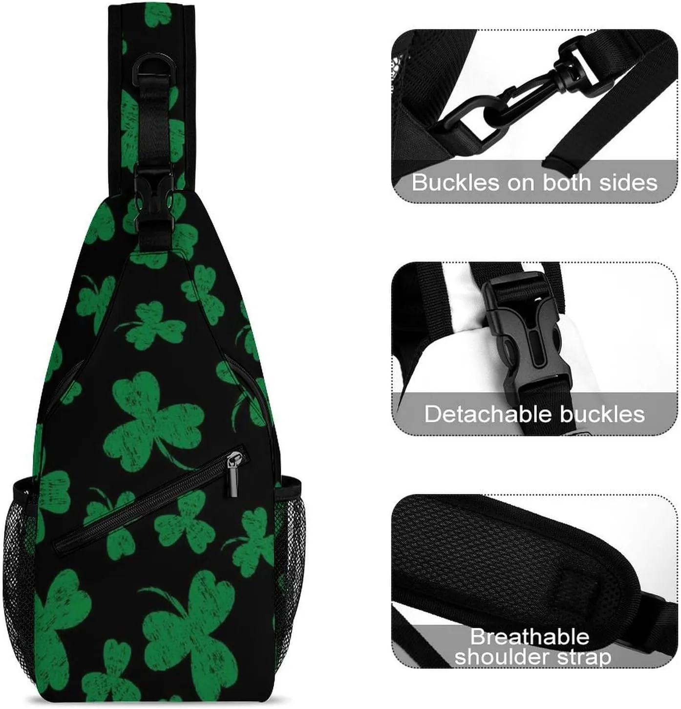Casual Sling Bag Backpack, Rope Bag, for St Patricks Day Green Shamrock Clover Leaf Grass Shoulder Chest Crossbody Bag, Carry On Bag, Ipad Casual Carrying Tote Case Crossbody Travel Bag for Man/Women