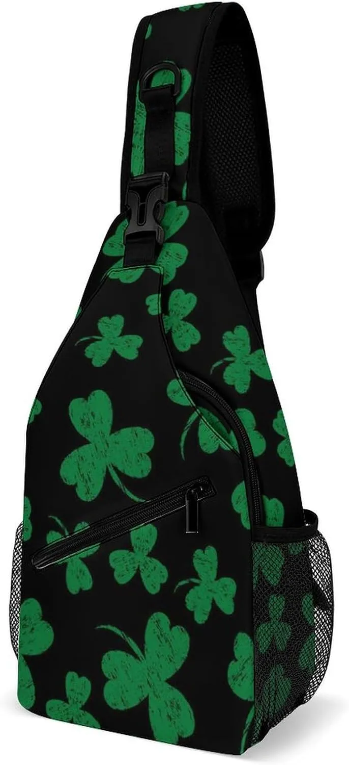 Casual Sling Bag Backpack, Rope Bag, for St Patricks Day Green Shamrock Clover Leaf Grass Shoulder Chest Crossbody Bag, Carry On Bag, Ipad Casual Carrying Tote Case Crossbody Travel Bag for Man/Women