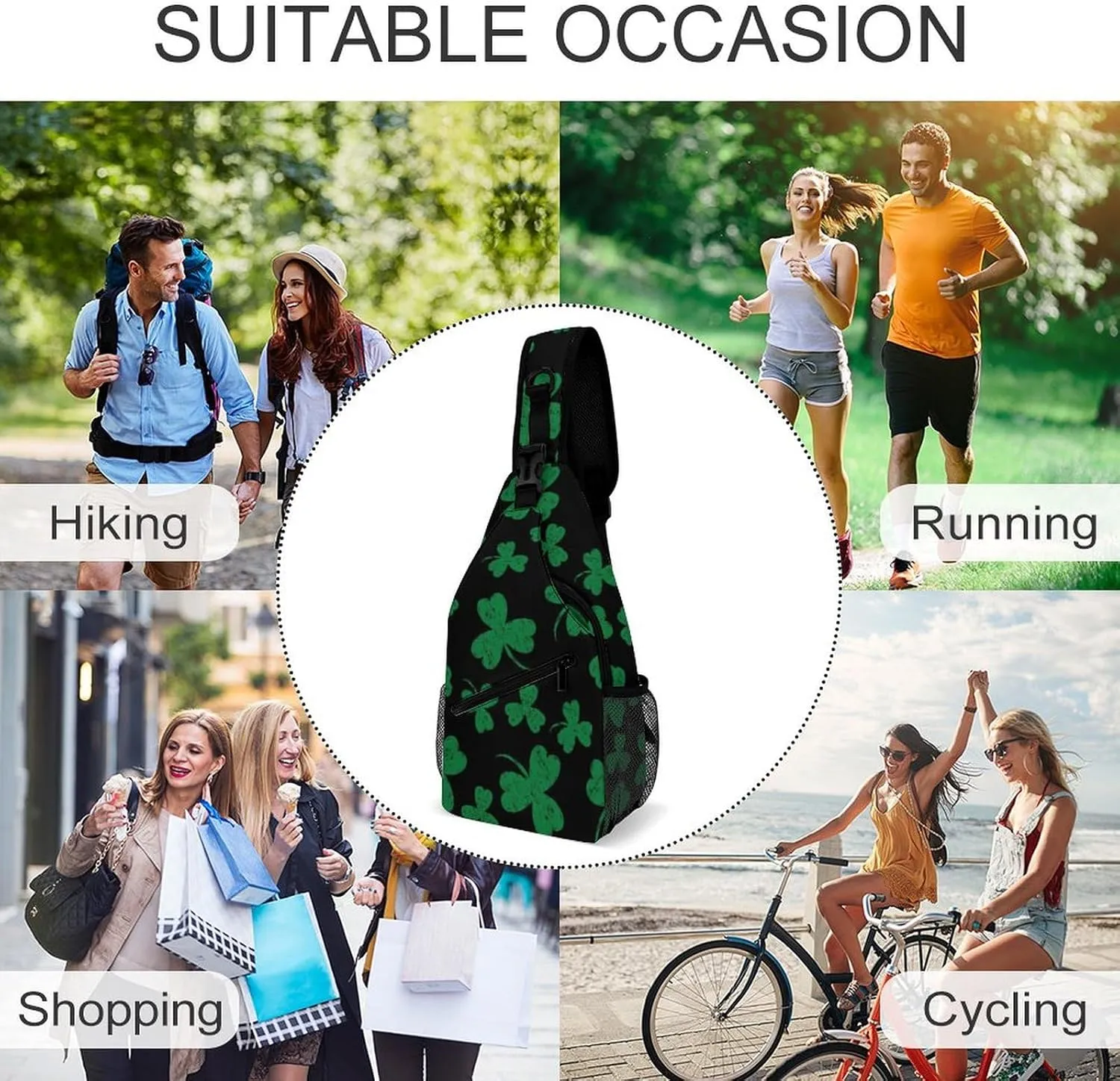 Casual Sling Bag Backpack, Rope Bag, for St Patricks Day Green Shamrock Clover Leaf Grass Shoulder Chest Crossbody Bag, Carry On Bag, Ipad Casual Carrying Tote Case Crossbody Travel Bag for Man/Women