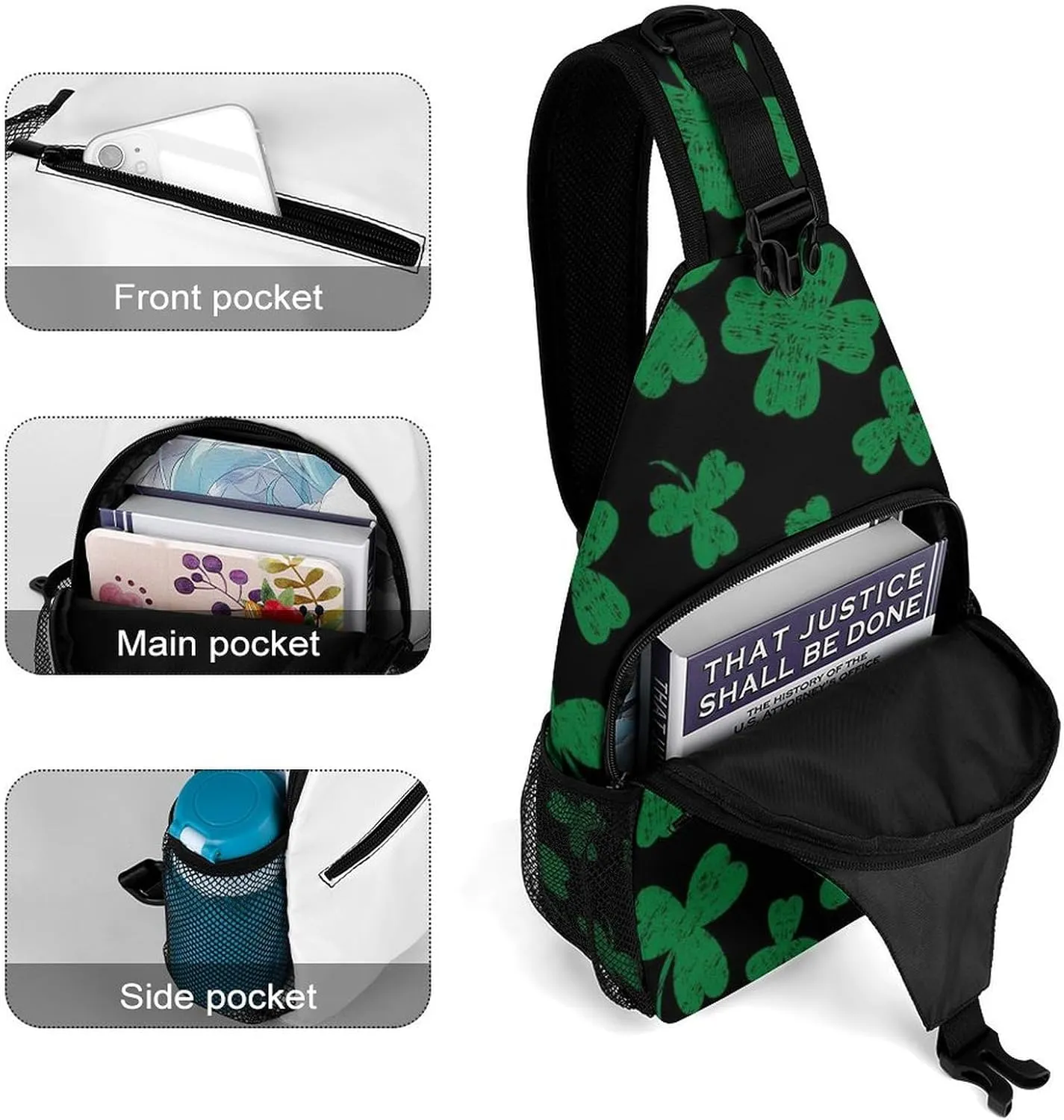 Casual Sling Bag Backpack, Rope Bag, for St Patricks Day Green Shamrock Clover Leaf Grass Shoulder Chest Crossbody Bag, Carry On Bag, Ipad Casual Carrying Tote Case Crossbody Travel Bag for Man/Women
