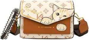 Cat Messenger Bag Women's Aesthetics Checkerboard Shoulder Bag, Mini Square Crossbody Purse Trendy Cartoon Sling Bag