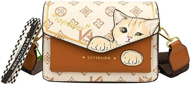 Cat Messenger Bag Women's Aesthetics Checkerboard Shoulder Bag, Mini Square Crossbody Purse Trendy Cartoon Sling Bag
