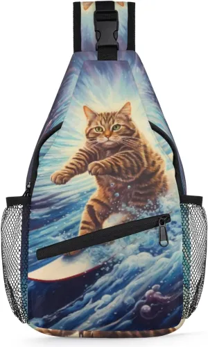 Cat Space Surfing Sling Backpack for Women Men Waterproof Antitheft Chest Bag Lightweight Travel Crossbody Shoulder Bag for Shopping Outdoor Leisure Sports Mountaineering Riding
