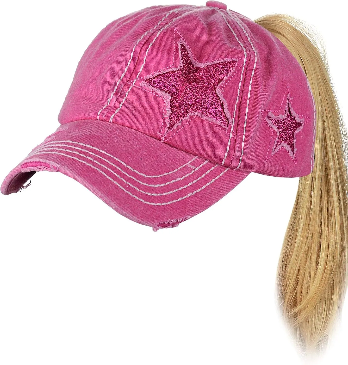 C.C Ponycap Messy High Bun Ponytail Adjustable Glitter Star Distressed Baseball Cap Hat