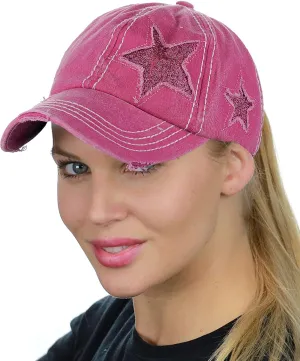C.C Ponycap Messy High Bun Ponytail Adjustable Glitter Star Distressed Baseball Cap Hat