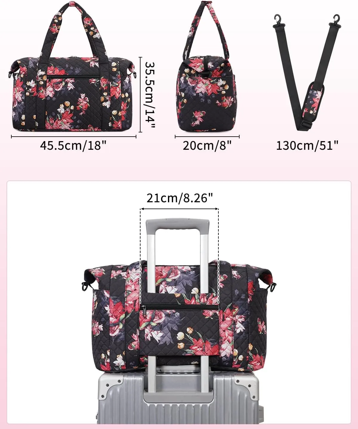 Ceneda Travel Duffel Bag for Spirit Airlines Personal Item Bag 18x14x8 Under Seat Weekender Overnight Bag with Wet Pocket & Shoe Bag Carry On Luggage for Women Men (Black Flower)