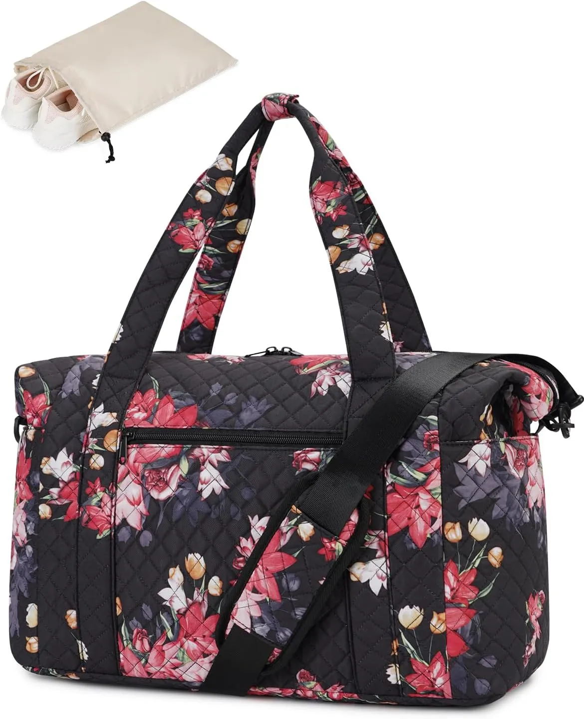 Ceneda Travel Duffel Bag for Spirit Airlines Personal Item Bag 18x14x8 Under Seat Weekender Overnight Bag with Wet Pocket & Shoe Bag Carry On Luggage for Women Men (Black Flower)