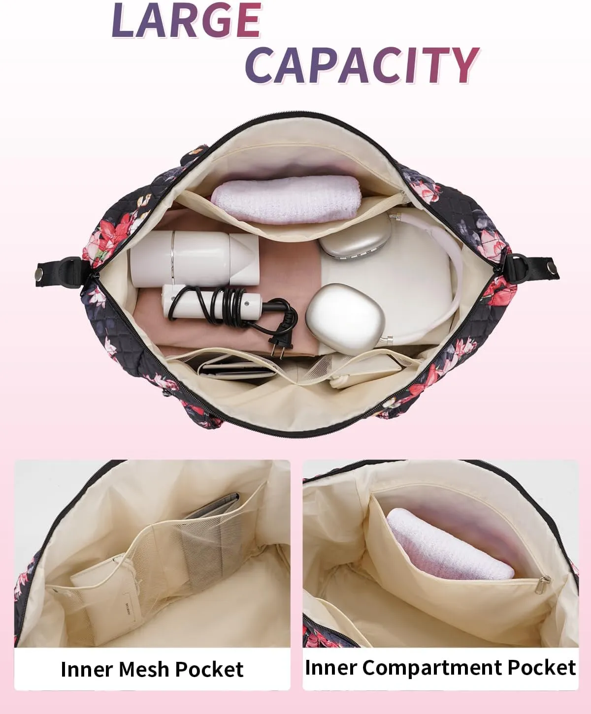 Ceneda Travel Duffel Bag for Spirit Airlines Personal Item Bag 18x14x8 Under Seat Weekender Overnight Bag with Wet Pocket & Shoe Bag Carry On Luggage for Women Men (Black Flower)
