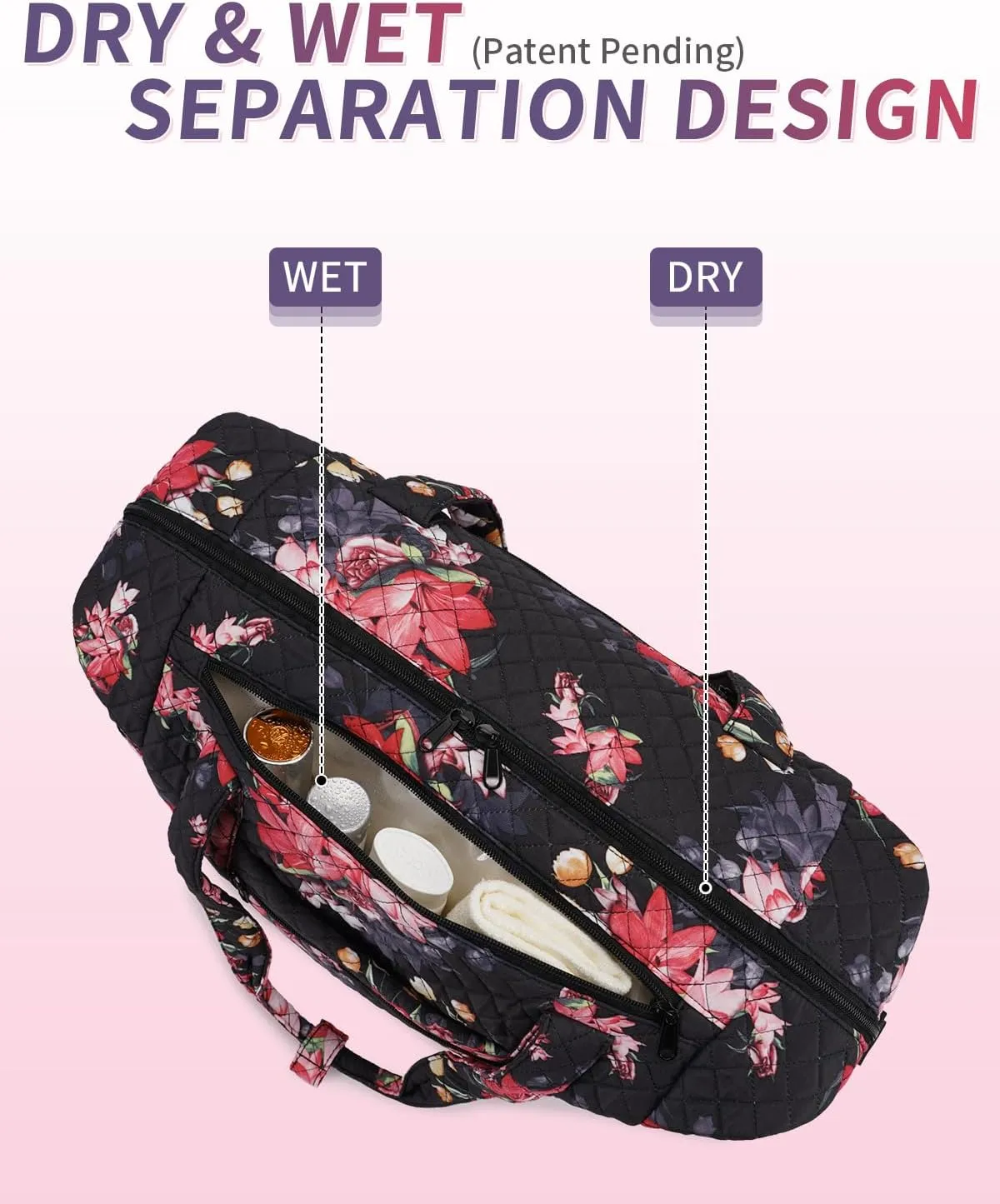 Ceneda Travel Duffel Bag for Spirit Airlines Personal Item Bag 18x14x8 Under Seat Weekender Overnight Bag with Wet Pocket & Shoe Bag Carry On Luggage for Women Men (Black Flower)