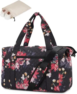 Ceneda Travel Duffel Bag for Spirit Airlines Personal Item Bag 18x14x8 Under Seat Weekender Overnight Bag with Wet Pocket & Shoe Bag Carry On Luggage for Women Men (Black Flower)