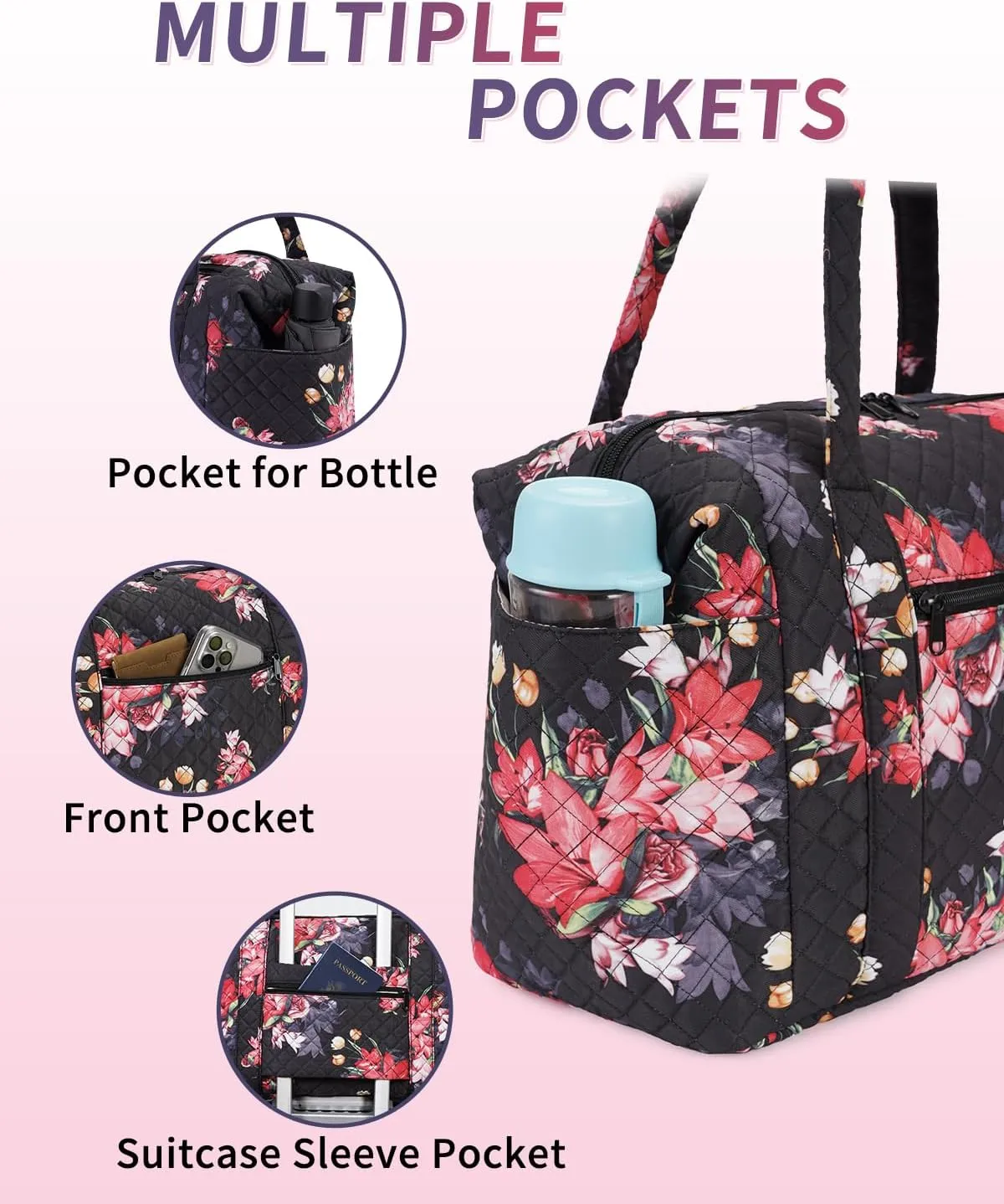 Ceneda Travel Duffel Bag for Spirit Airlines Personal Item Bag 18x14x8 Under Seat Weekender Overnight Bag with Wet Pocket & Shoe Bag Carry On Luggage for Women Men (Black Flower)