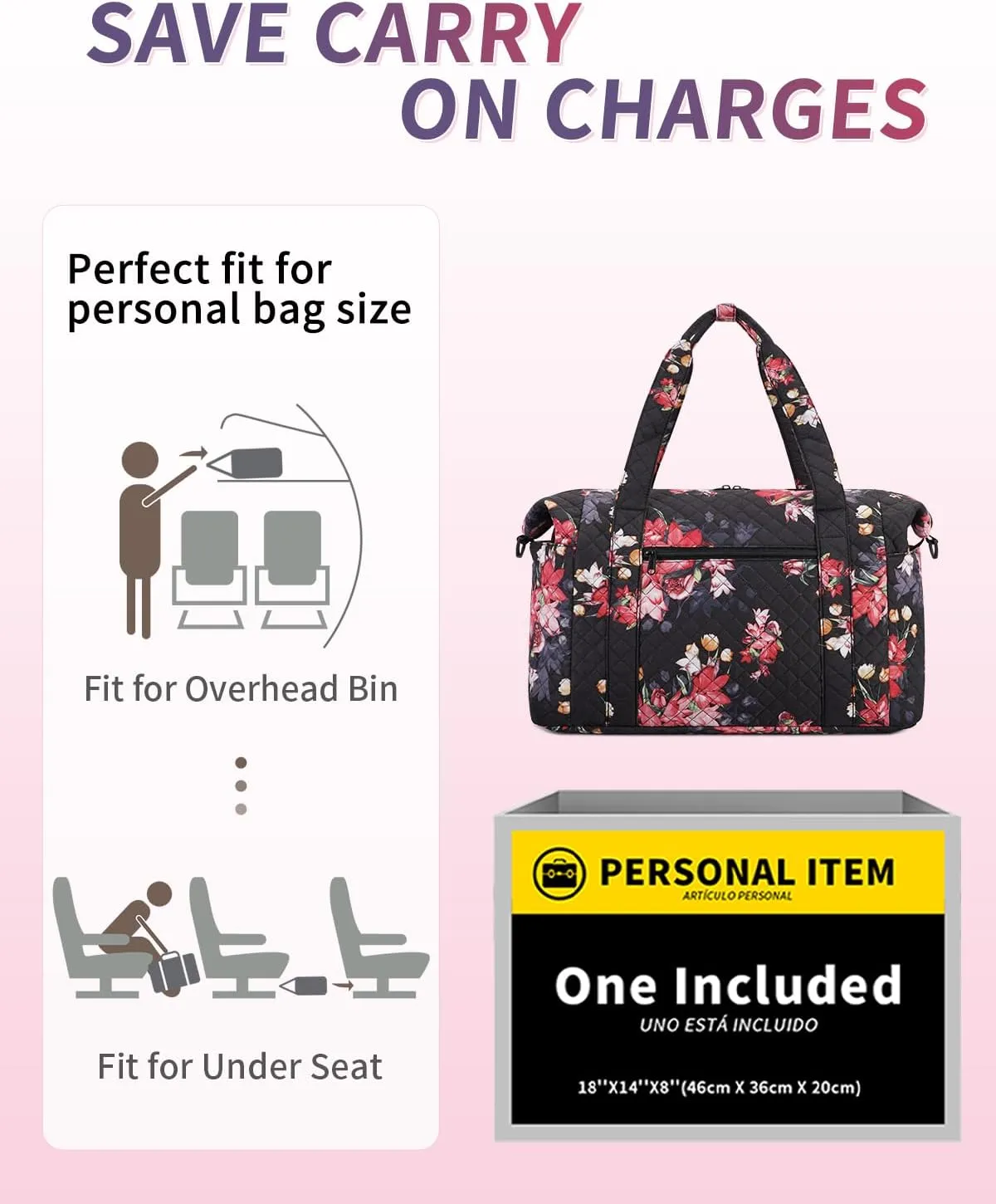 Ceneda Travel Duffel Bag for Spirit Airlines Personal Item Bag 18x14x8 Under Seat Weekender Overnight Bag with Wet Pocket & Shoe Bag Carry On Luggage for Women Men (Black Flower)