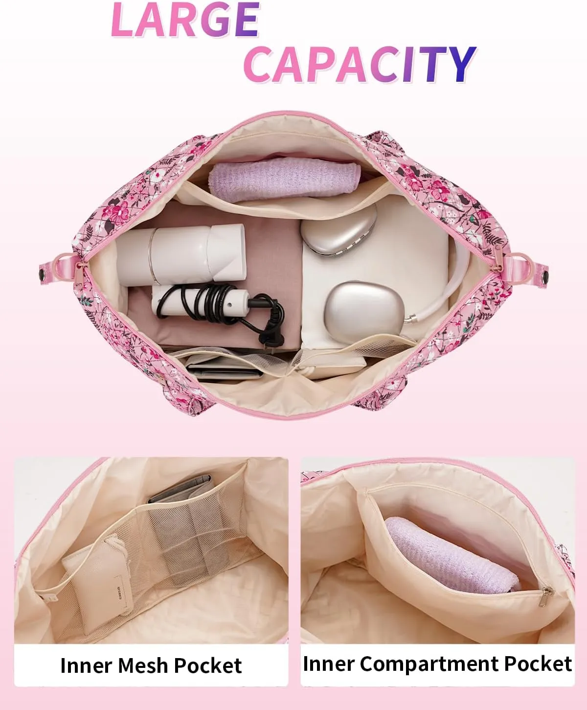 Ceneda Travel Duffel Bag for Spirit Airlines Personal Item Bag 18x14x8 Under Seat Weekender Overnight Bag with Wet Pocket & Shoe Bag Carry On Luggage for Women Men (Pink Flower)