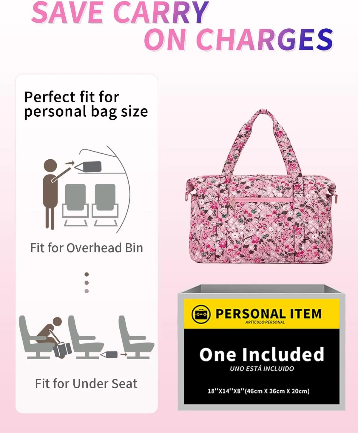 Ceneda Travel Duffel Bag for Spirit Airlines Personal Item Bag 18x14x8 Under Seat Weekender Overnight Bag with Wet Pocket & Shoe Bag Carry On Luggage for Women Men (Pink Flower)