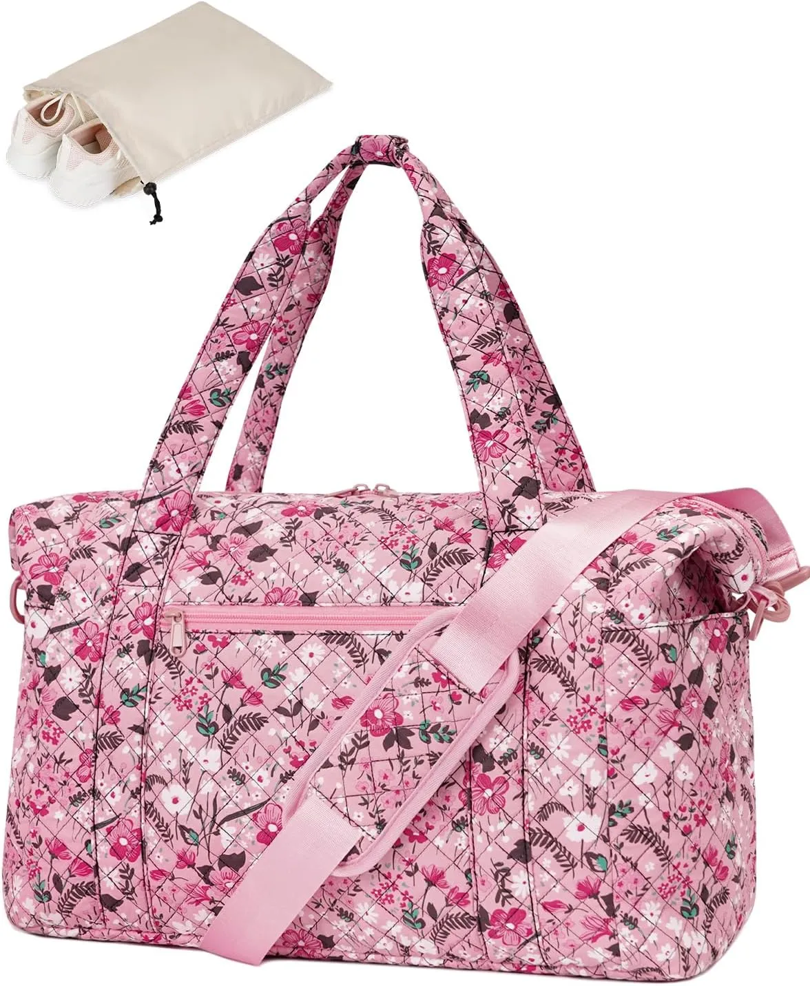 Ceneda Travel Duffel Bag for Spirit Airlines Personal Item Bag 18x14x8 Under Seat Weekender Overnight Bag with Wet Pocket & Shoe Bag Carry On Luggage for Women Men (Pink Flower)