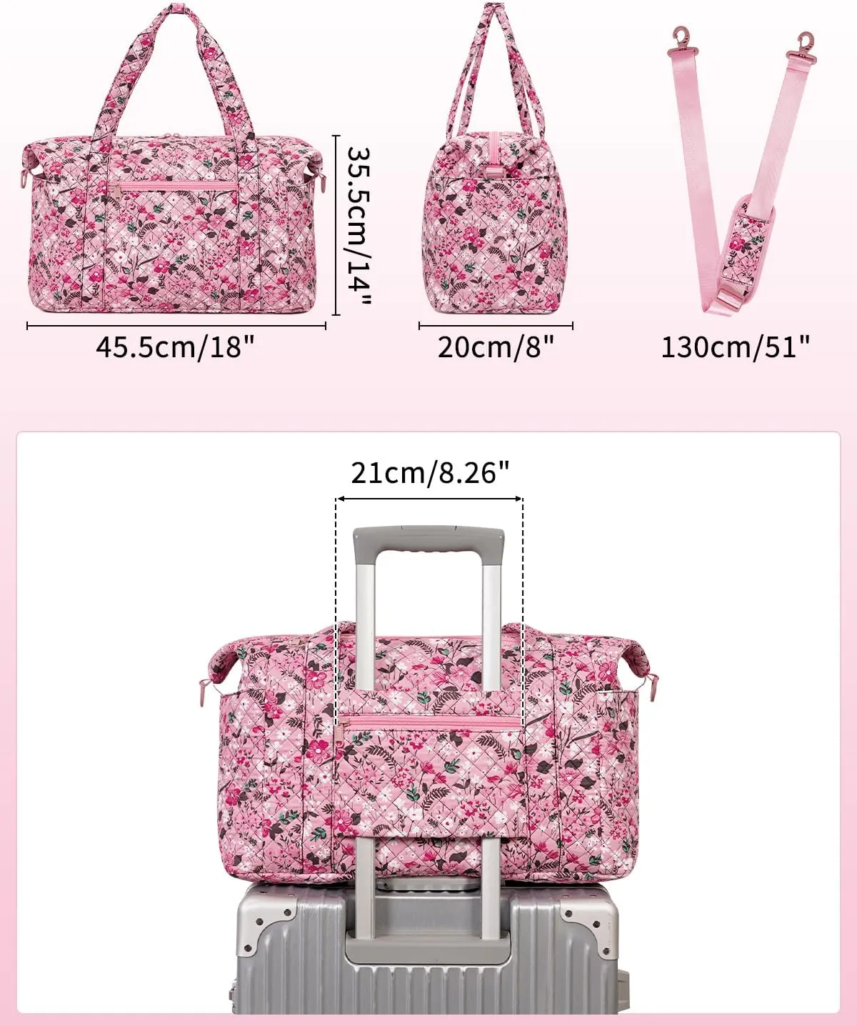 Ceneda Travel Duffel Bag for Spirit Airlines Personal Item Bag 18x14x8 Under Seat Weekender Overnight Bag with Wet Pocket & Shoe Bag Carry On Luggage for Women Men (Pink Flower)