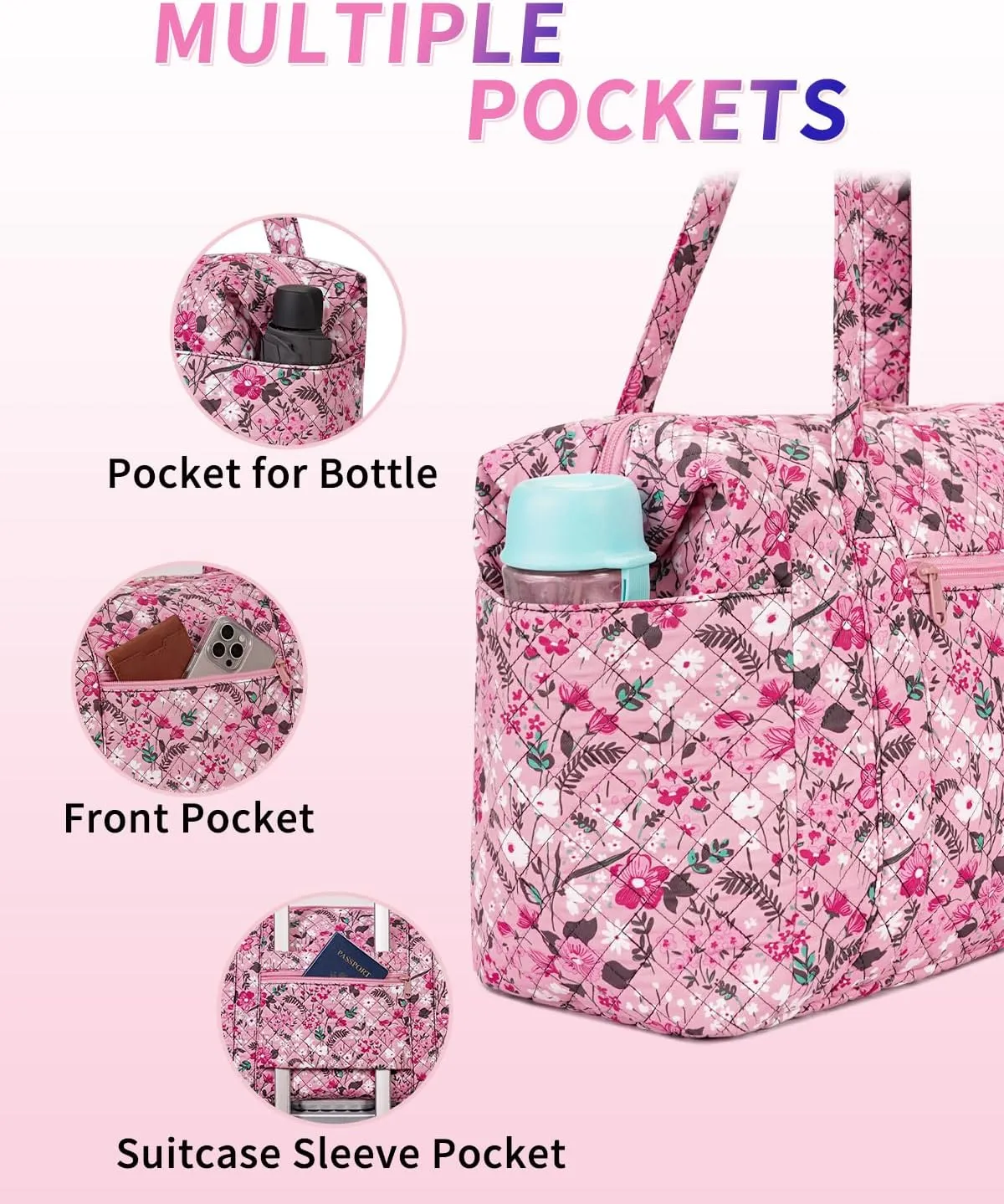 Ceneda Travel Duffel Bag for Spirit Airlines Personal Item Bag 18x14x8 Under Seat Weekender Overnight Bag with Wet Pocket & Shoe Bag Carry On Luggage for Women Men (Pink Flower)