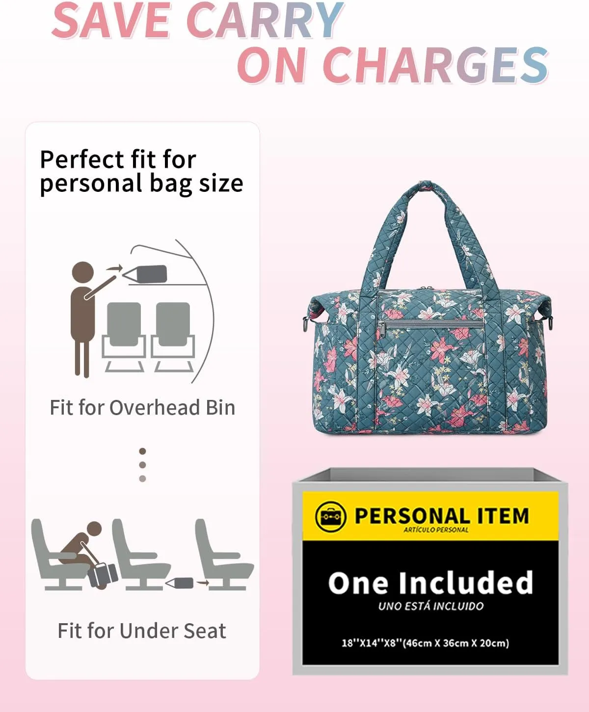 Ceneda Travel Duffel for Spirit Airlines Personal Item - 18x14x8 Under Seat Weekender Overnight Bag with Wet Pocket & Shoe Bag Carry On Luggage (Blue Flower)