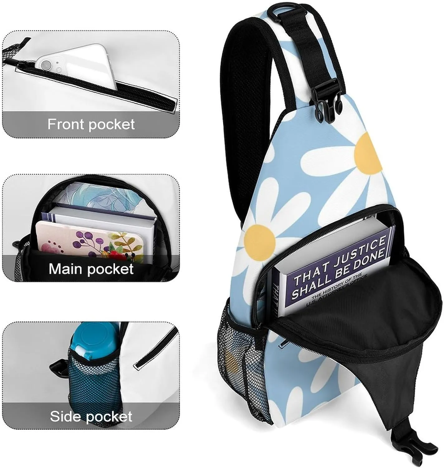 Chamomile Cute Daisy Sling Backpack, Crossbody Shoulder Bag, Chest Bags for Outdoor Travel Fitness, 38x20cm, Style-4