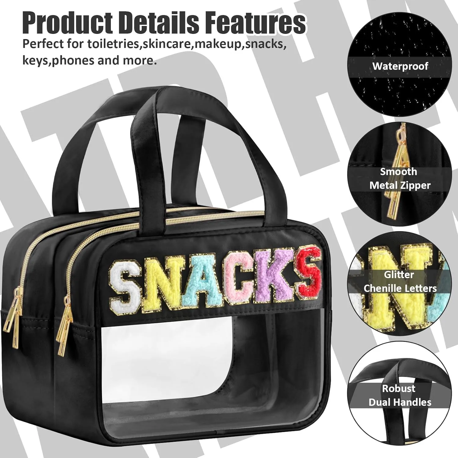 Chenille Letter Makeup Bags, Snacks Bag for Travel, Preppy Patch Nylon Cosmetic Bag With Handles and Zipper, Waterproof Large Clear Travel Toiletry Storage Bag for Women Black