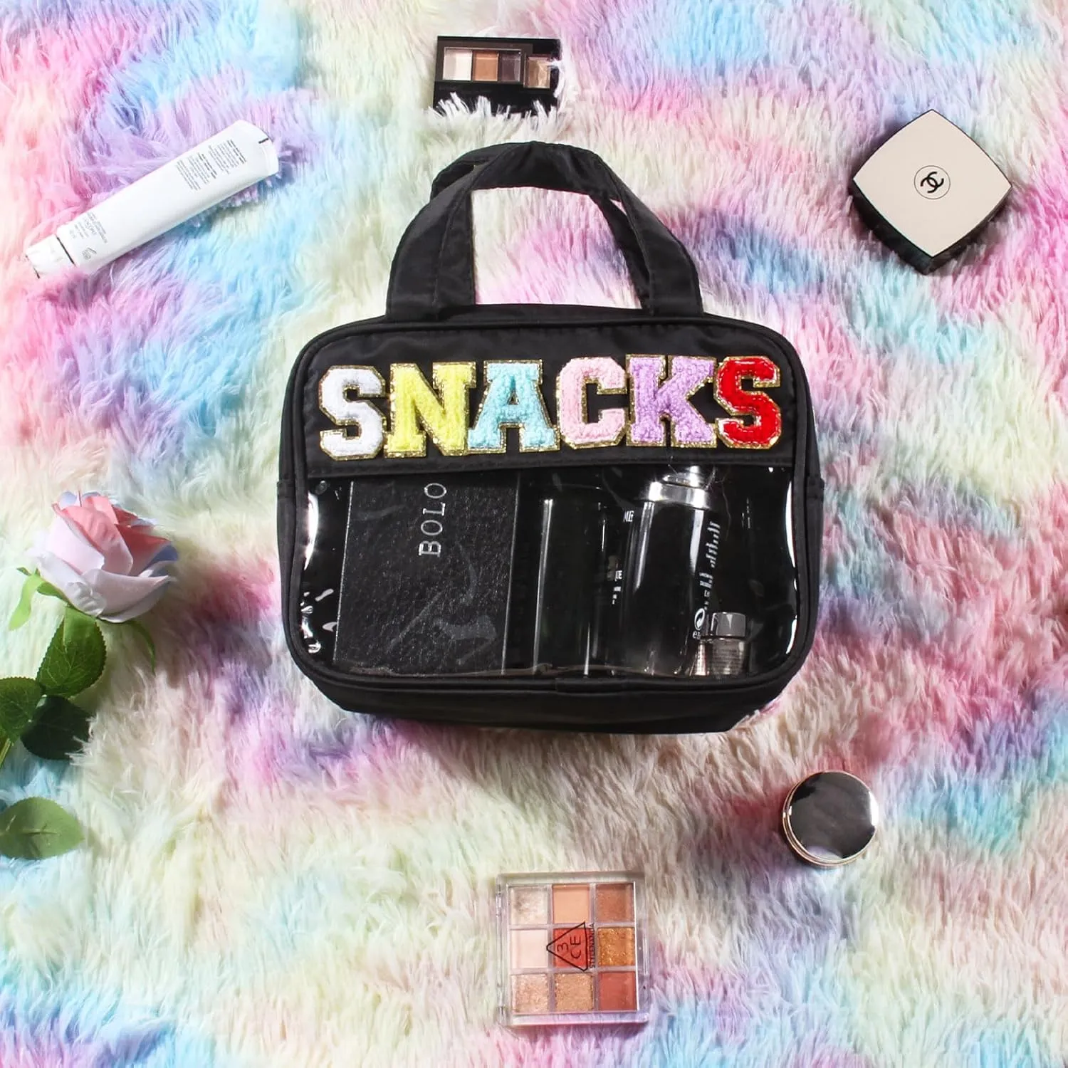 Chenille Letter Makeup Bags, Snacks Bag for Travel, Preppy Patch Nylon Cosmetic Bag With Handles and Zipper, Waterproof Large Clear Travel Toiletry Storage Bag for Women Black