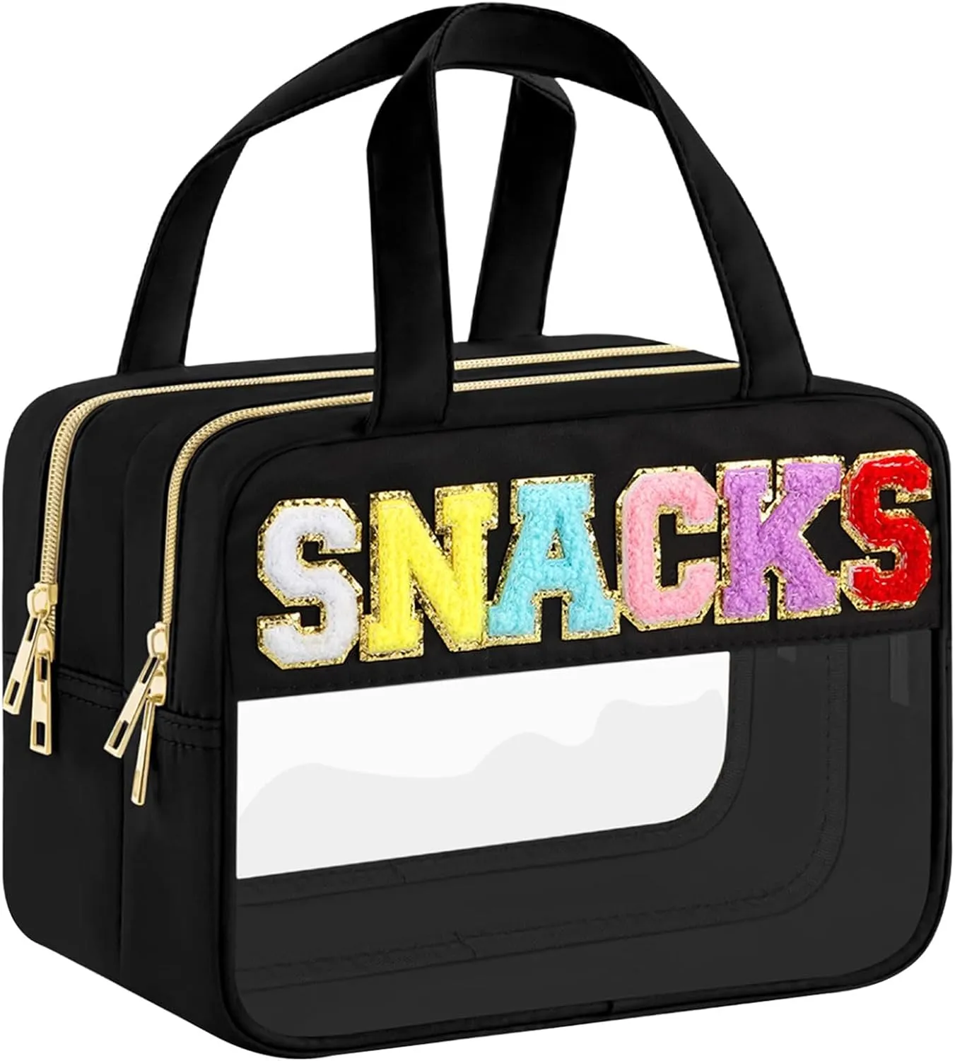 Chenille Letter Makeup Bags, Snacks Bag for Travel, Preppy Patch Nylon Cosmetic Bag With Handles and Zipper, Waterproof Large Clear Travel Toiletry Storage Bag for Women Black