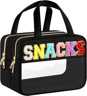 Chenille Letter Makeup Bags, Snacks Bag for Travel, Preppy Patch Nylon Cosmetic Bag With Handles and Zipper, Waterproof Large Clear Travel Toiletry Storage Bag for Women Black
