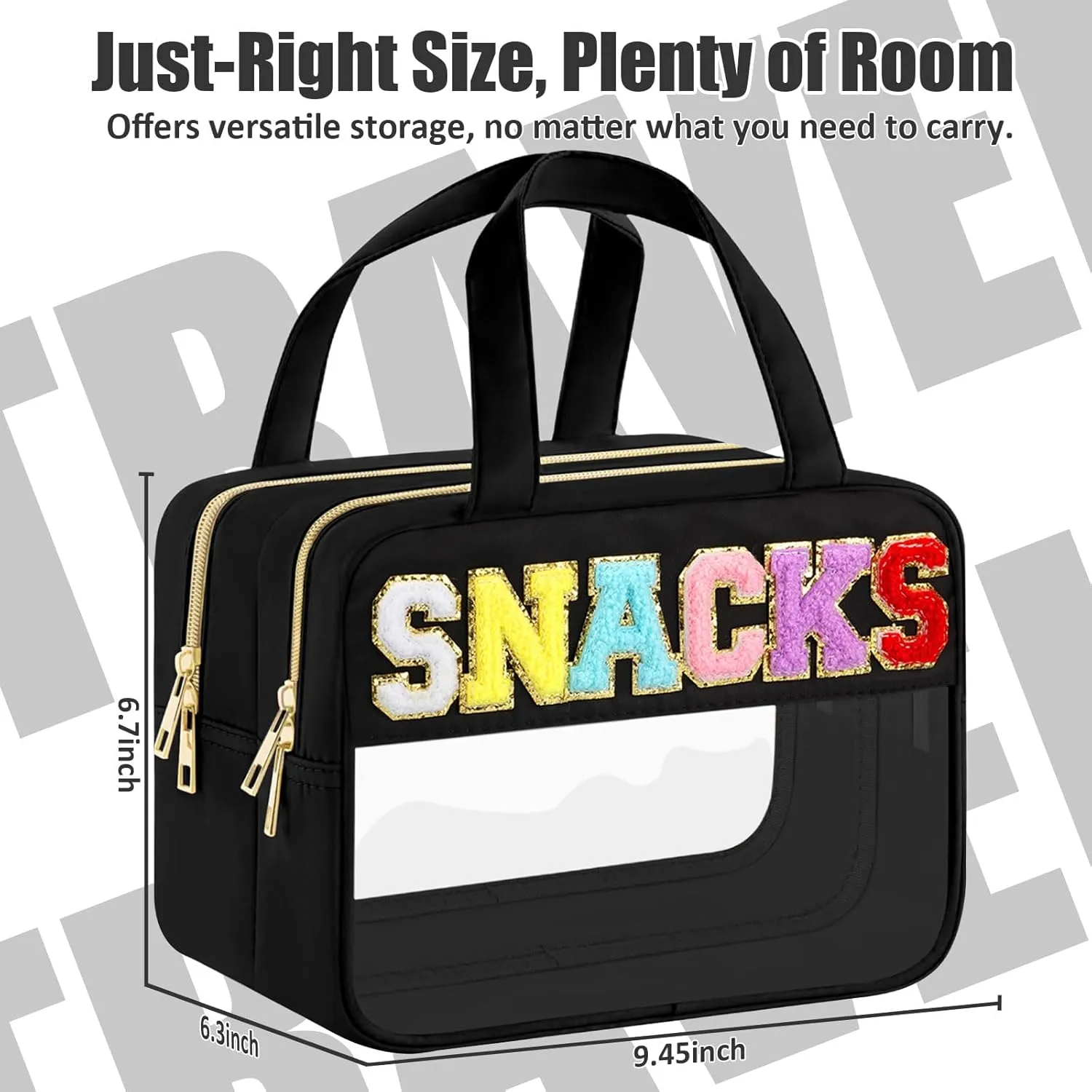 Chenille Letter Makeup Bags, Snacks Bag for Travel, Preppy Patch Nylon Cosmetic Bag With Handles and Zipper, Waterproof Large Clear Travel Toiletry Storage Bag for Women Black