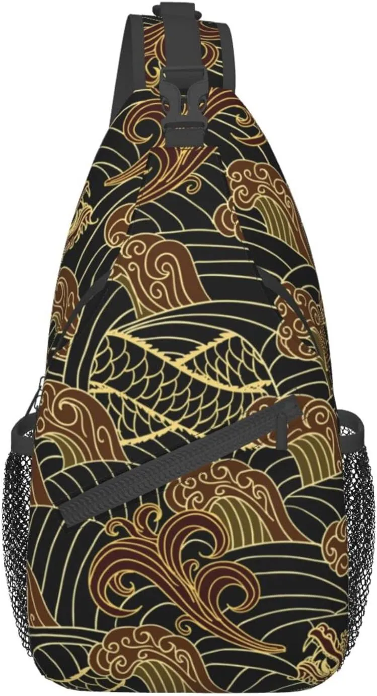 Chinese Japanese Dragon Sling Bag Sling Backpack Crossbody Chest Bag Daypack for Women Men Hiking Travel