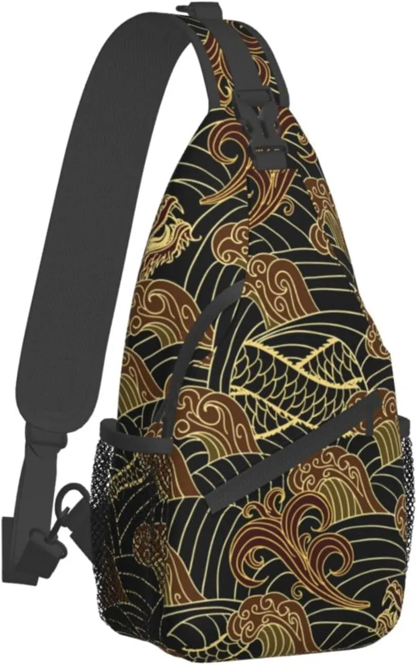 Chinese Japanese Dragon Sling Bag Sling Backpack Crossbody Chest Bag Daypack for Women Men Hiking Travel
