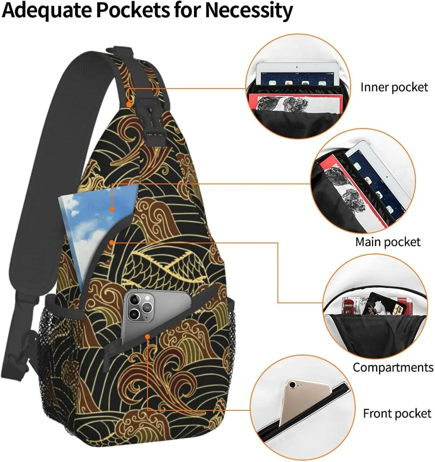 Chinese Japanese Dragon Sling Bag Sling Backpack Crossbody Chest Bag Daypack for Women Men Hiking Travel