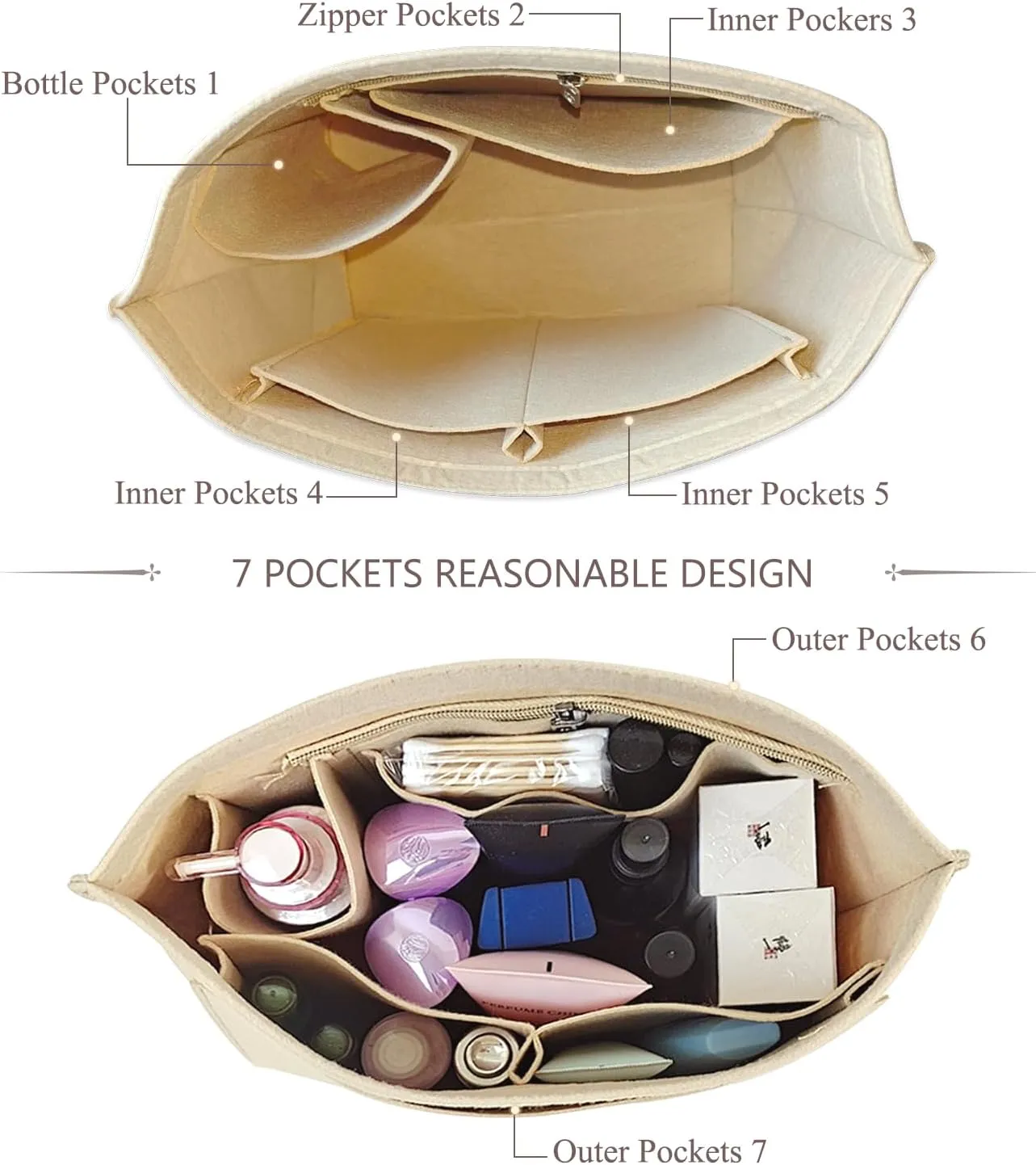 Chispee Felt Purse Organizer Insert Tote Bag Organizers for Longchamp Divider Pocket & Zipper Inner Bag Liner fit Medium, Beige