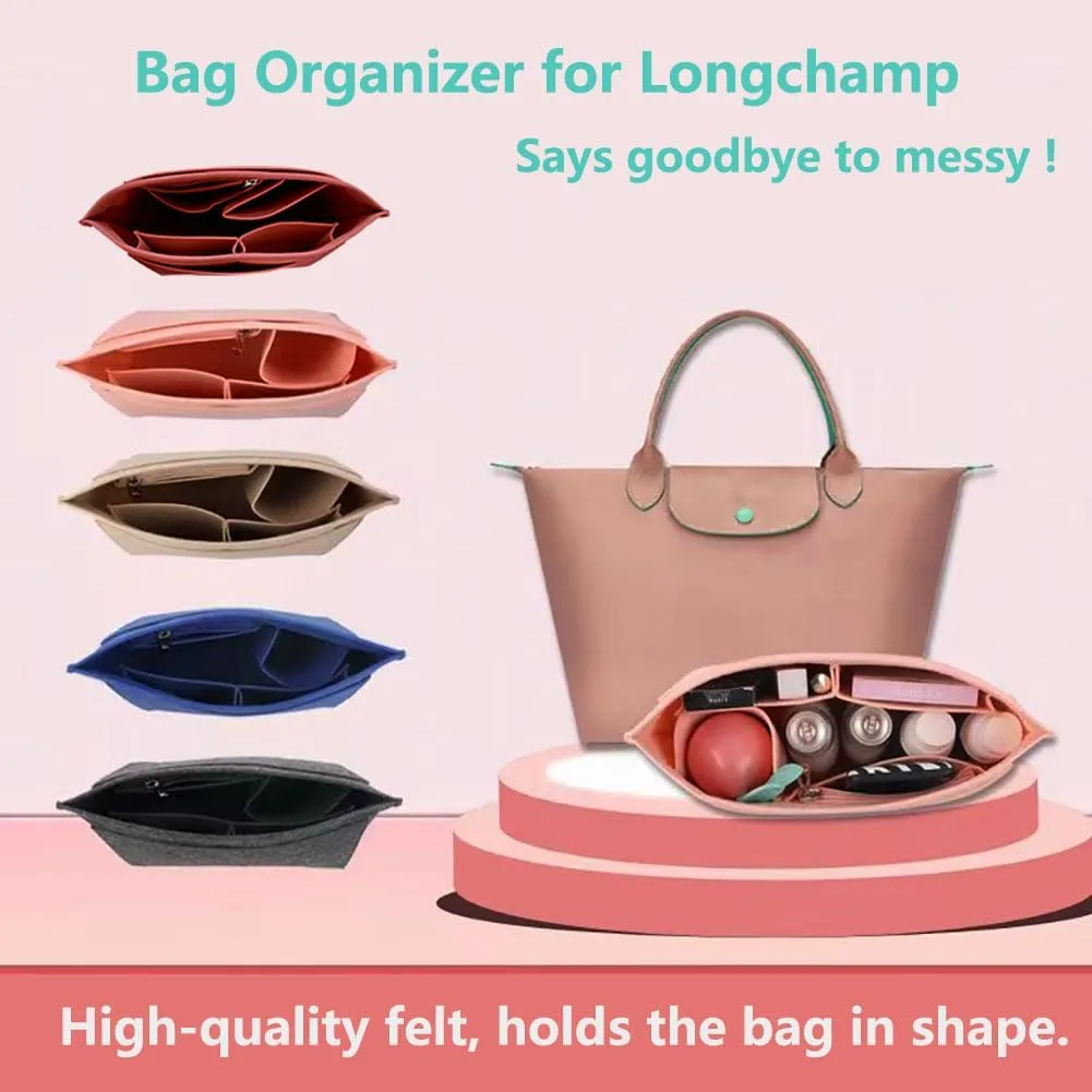 Chispee Felt Purse Organizer Insert Tote Bag Organizers for Longchamp Divider Pocket & Zipper Inner Bag Liner fit Medium, Beige