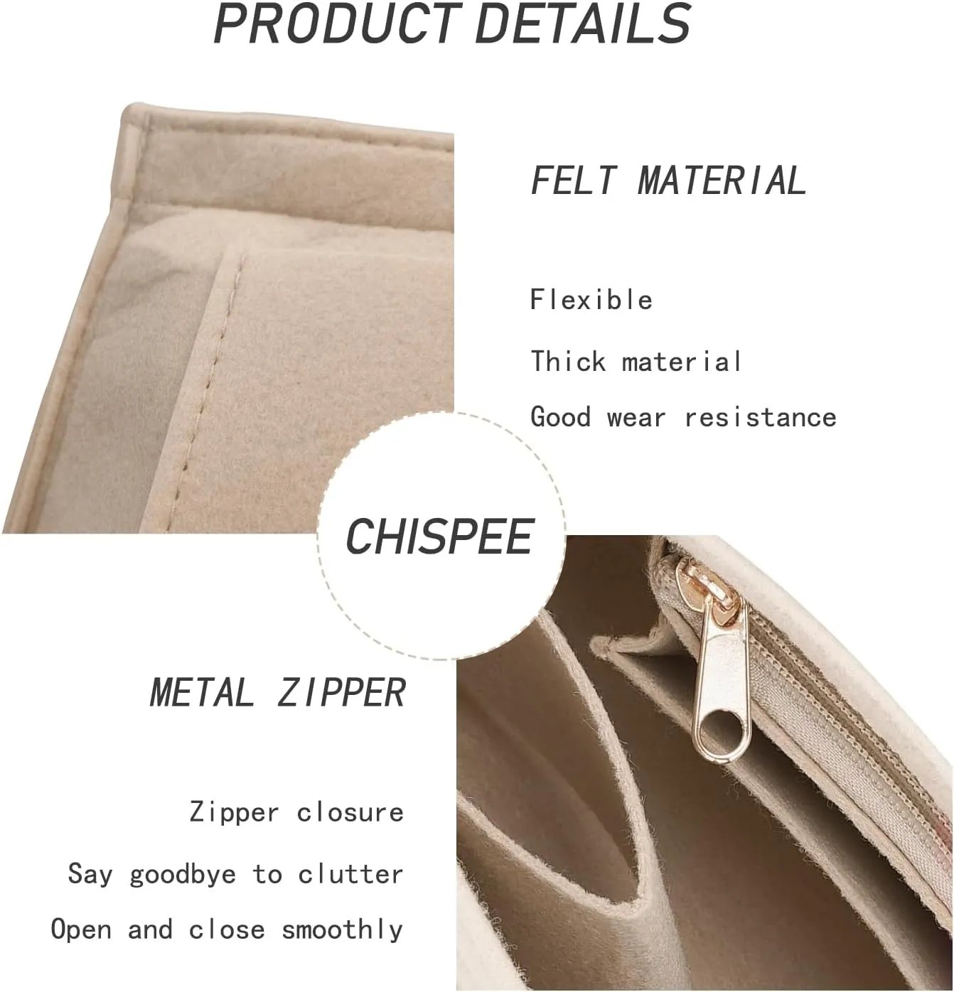Chispee Felt Purse Organizer Insert Tote Bag Organizers for Longchamp Divider Pocket & Zipper Inner Bag Liner fit Medium, Beige