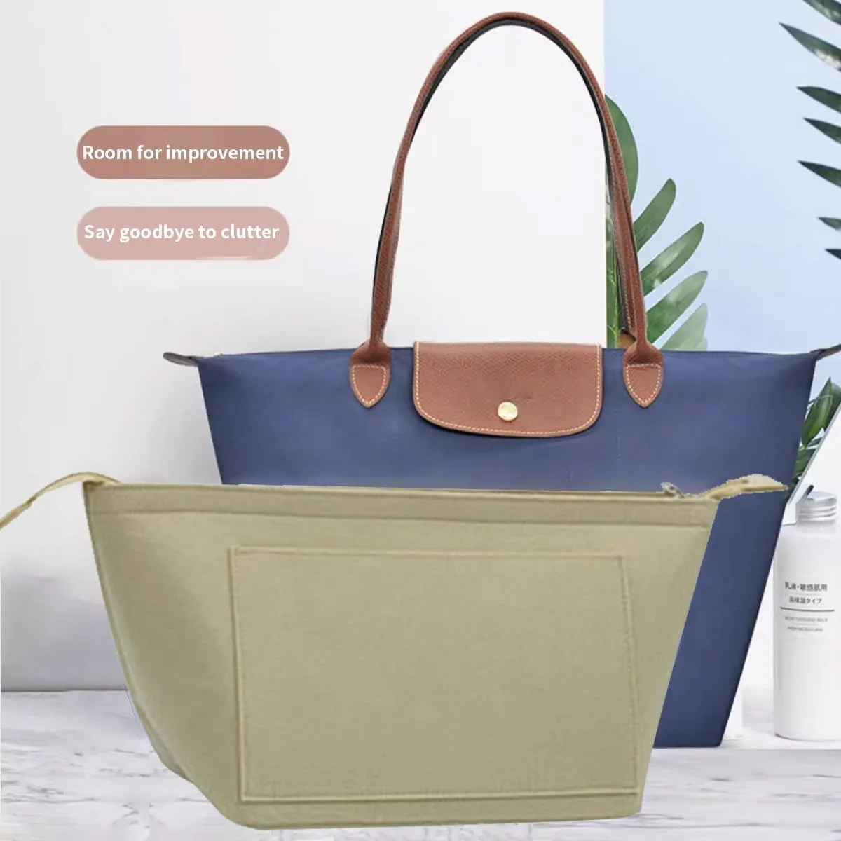 Chispee Purse Organizer Insert for Handbags, Felt Bag Organizer with Zipper Handbag Organizers for Longchamp Divider Pocket & Zipper Inner Bag Liner (Beige,L)