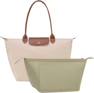 Chispee Purse Organizer Insert for Handbags, Felt Bag Organizer with Zipper Handbag Organizers for Longchamp Divider Pocket & Zipper Inner Bag Liner (Beige,L)