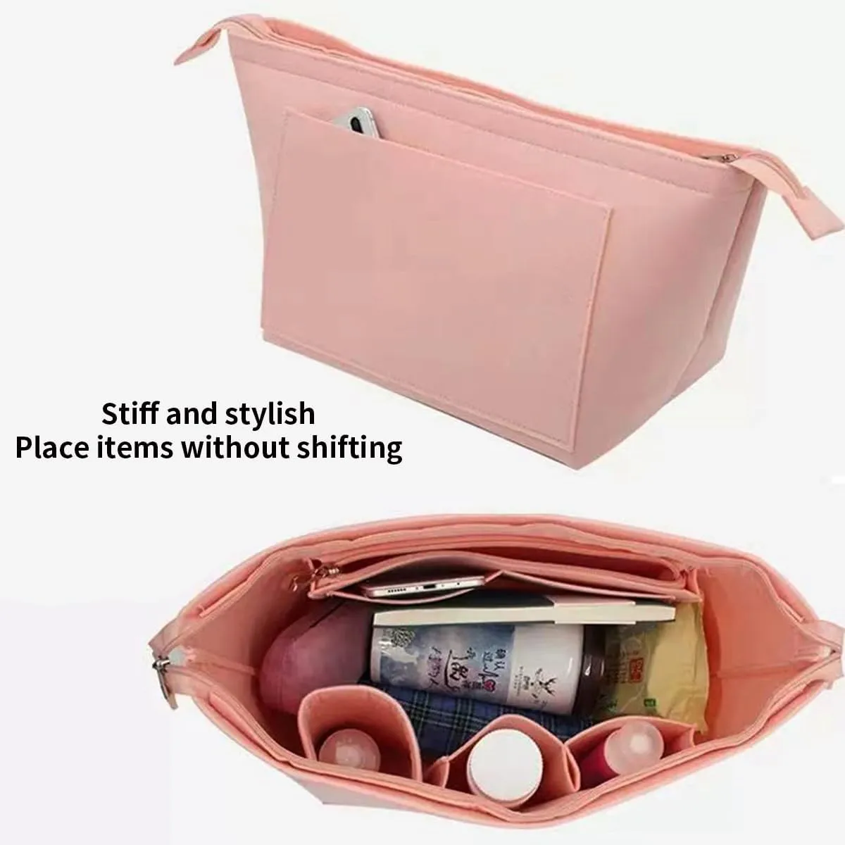 Chispee Purse Organizer Insert for Handbags, Felt Bag Organizer with Zipper Handbag Organizers for Longchamp Divider Pocket & Zipper Inner Bag Liner (Beige,L)