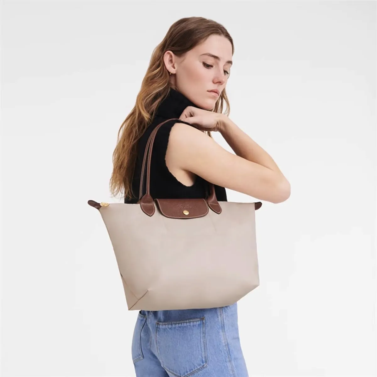 Chispee Purse Organizer Insert for Handbags, Felt Bag Organizer with Zipper Handbag Organizers for Longchamp Divider Pocket & Zipper Inner Bag Liner (Beige,L)