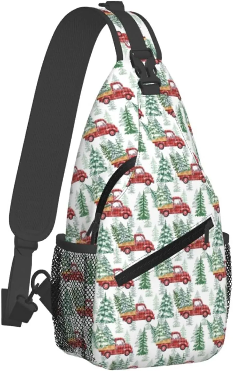 Christmas Buffalo Plaid Truck And Pine Trees Crossbody Sling Bag For Women Men Adjustable Christmas New Year Chest Bag Shoulder Bag Sling Backpack Daypack For Sport Travel Hiking