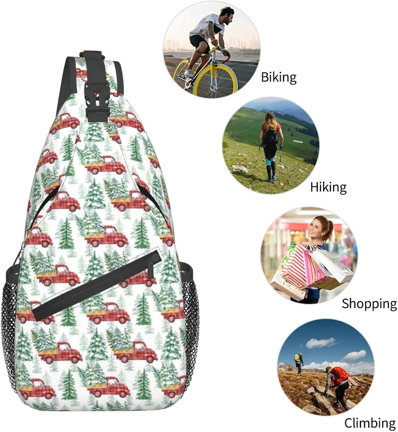 Christmas Buffalo Plaid Truck And Pine Trees Crossbody Sling Bag For Women Men Adjustable Christmas New Year Chest Bag Shoulder Bag Sling Backpack Daypack For Sport Travel Hiking