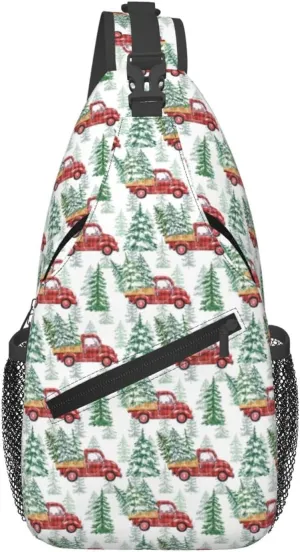 Christmas Buffalo Plaid Truck And Pine Trees Crossbody Sling Bag For Women Men Adjustable Christmas New Year Chest Bag Shoulder Bag Sling Backpack Daypack For Sport Travel Hiking