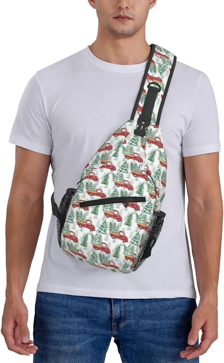 Christmas Buffalo Plaid Truck And Pine Trees Crossbody Sling Bag For Women Men Adjustable Christmas New Year Chest Bag Shoulder Bag Sling Backpack Daypack For Sport Travel Hiking