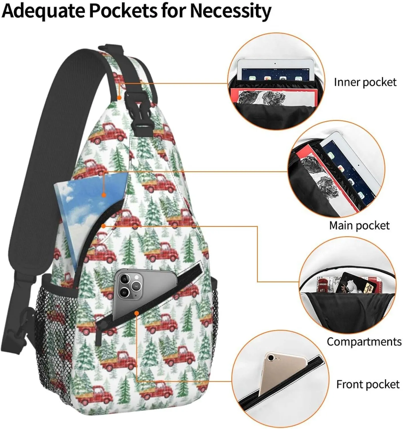 Christmas Buffalo Plaid Truck And Pine Trees Crossbody Sling Bag For Women Men Adjustable Christmas New Year Chest Bag Shoulder Bag Sling Backpack Daypack For Sport Travel Hiking